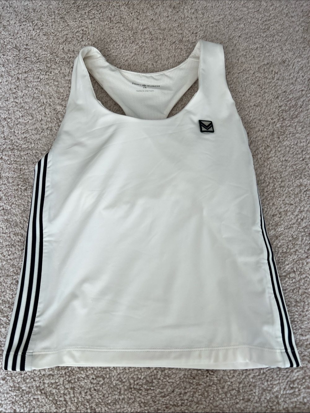 Tory Burch White Athletic Racerback Tank Top with Black Stripe Detail